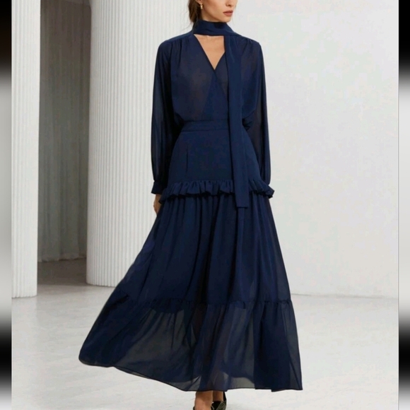 Navy Chiffon V-Neck Blouse With Draped Design Paired Maxi Skirt,2pcs Soft Set - Picture 1 of 4